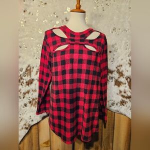 Chic Red Plaid Cut-Out Blouse